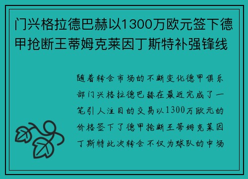 门兴格拉德巴赫以1300万欧元签下德甲抢断王蒂姆克莱因丁斯特补强锋线