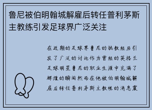 鲁尼被伯明翰城解雇后转任普利茅斯主教练引发足球界广泛关注 鲁尼被伯明翰城解雇后转任普利茅斯主教练引发足球界广泛关注