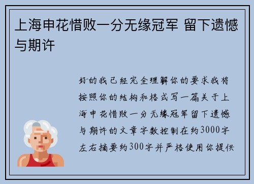 上海申花惜败一分无缘冠军 留下遗憾与期许 上海申花惜败一分无缘冠军 留下遗憾与期许